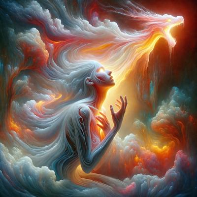 The primary subject of the image is a woman with long hair, who appears to be a mermaid or a goddess. She is surrounded by a vibrant and colorful environment, which includes clouds, a dragon, and a serpent. The setting is a mix of natural elements and fantasy, creating a unique and captivating atmosphere. The visual style of the image is digital art, as it is a detailed and intricate illustration. The dominant colors in the image are red, orange, and blue, which contribute to the overall mood of the scene, evoking a sense of passion, power, and magic.